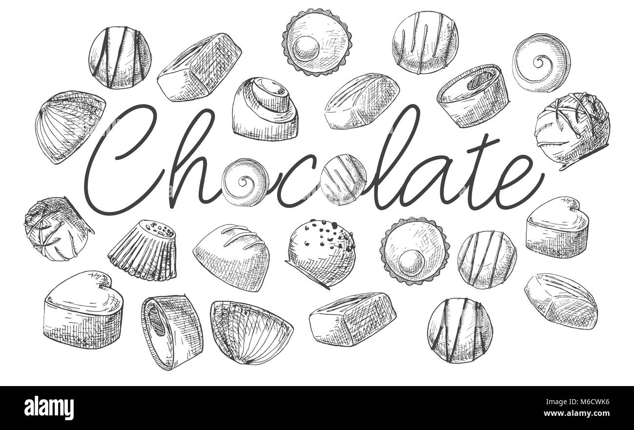 L'affiche avec l'inscription Lucette. Bonbons différents tracés à main levée. Vector illustration d'un croquis de style. Illustration de Vecteur