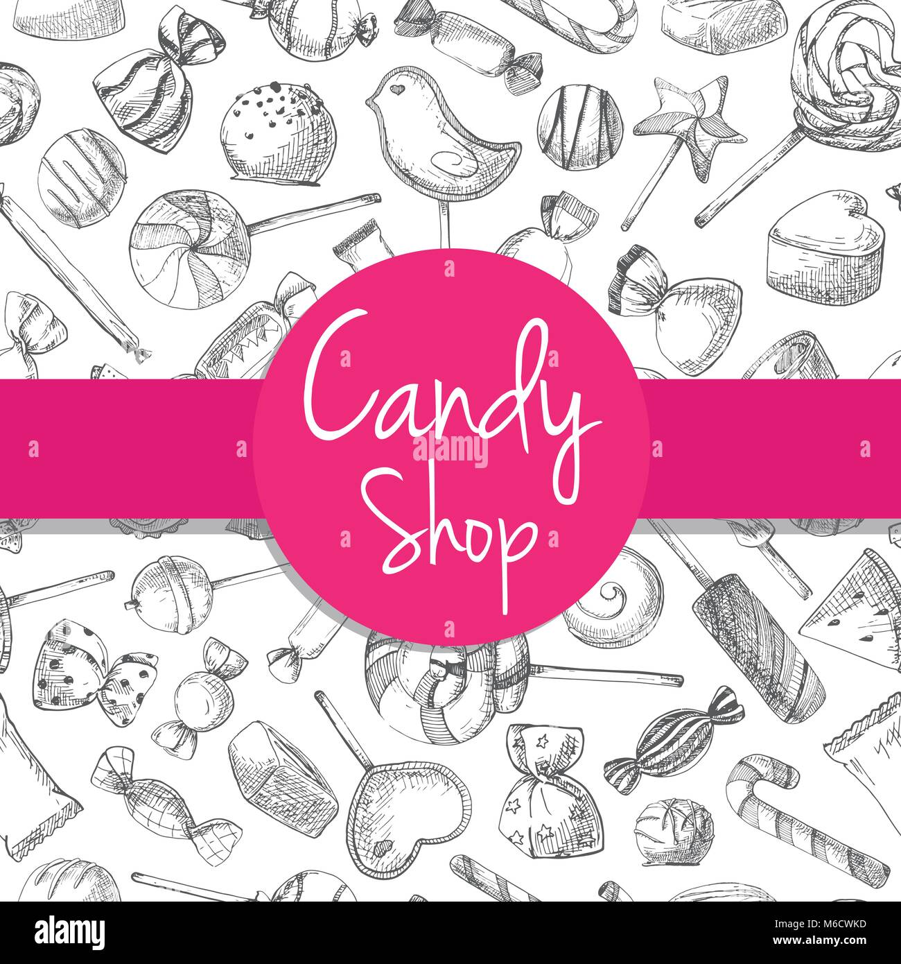 Un modèle sans couture à la main avec des bonbons. Vector illustration d'un croquis de style. Modèle sans couture pour un magasin de bonbons. Illustration de Vecteur