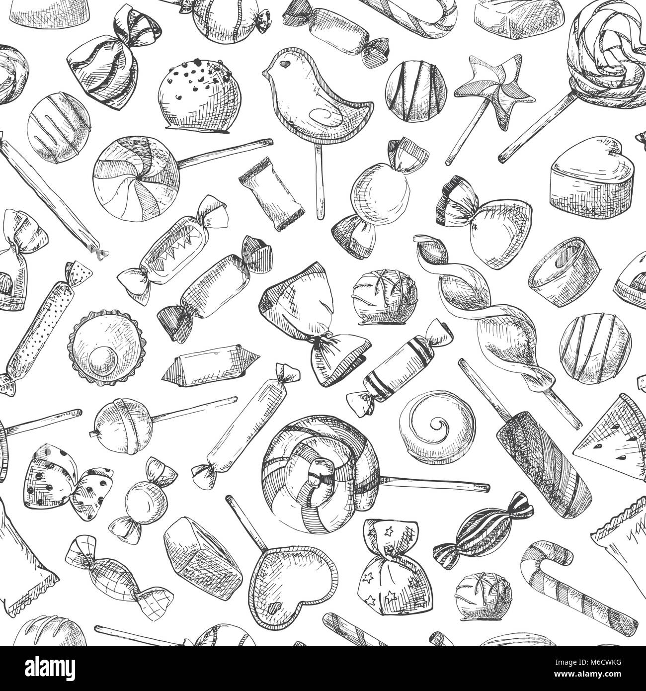 Un modèle sans couture à la main avec des bonbons. Vector illustration d'un croquis de style. Illustration de Vecteur