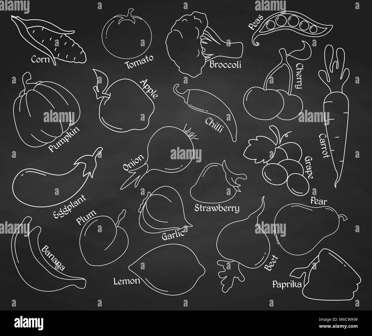 Ensemble d'icônes linéaire. Fruits et légumes sur le tableau. Vector illustration. Illustration de Vecteur