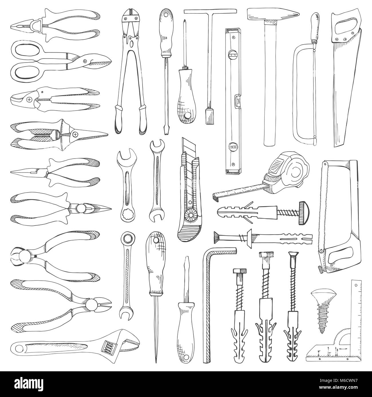 Ensemble d'outils, de matériel. Fixation différente isolé sur fond blanc. Hand drawn vector illustration d'un croquis de style. Illustration de Vecteur