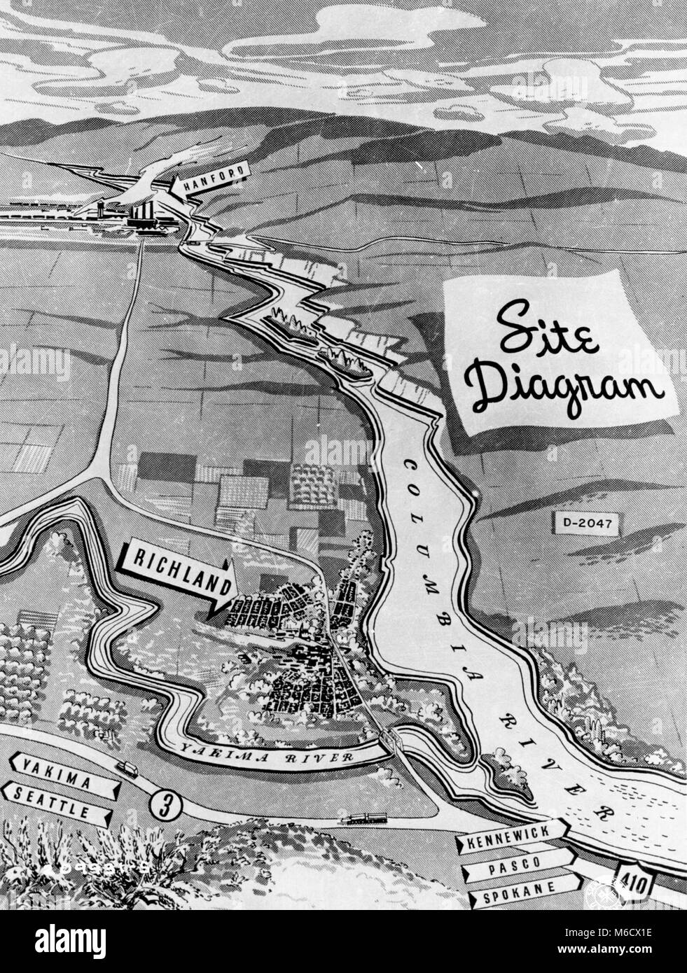 Schéma du site de l'ingénieur de Hanford Works, 15 miles au nord-ouest de Pasco. Pasco, Washington, 1945. U.S. Army Signal Corps Banque D'Images
