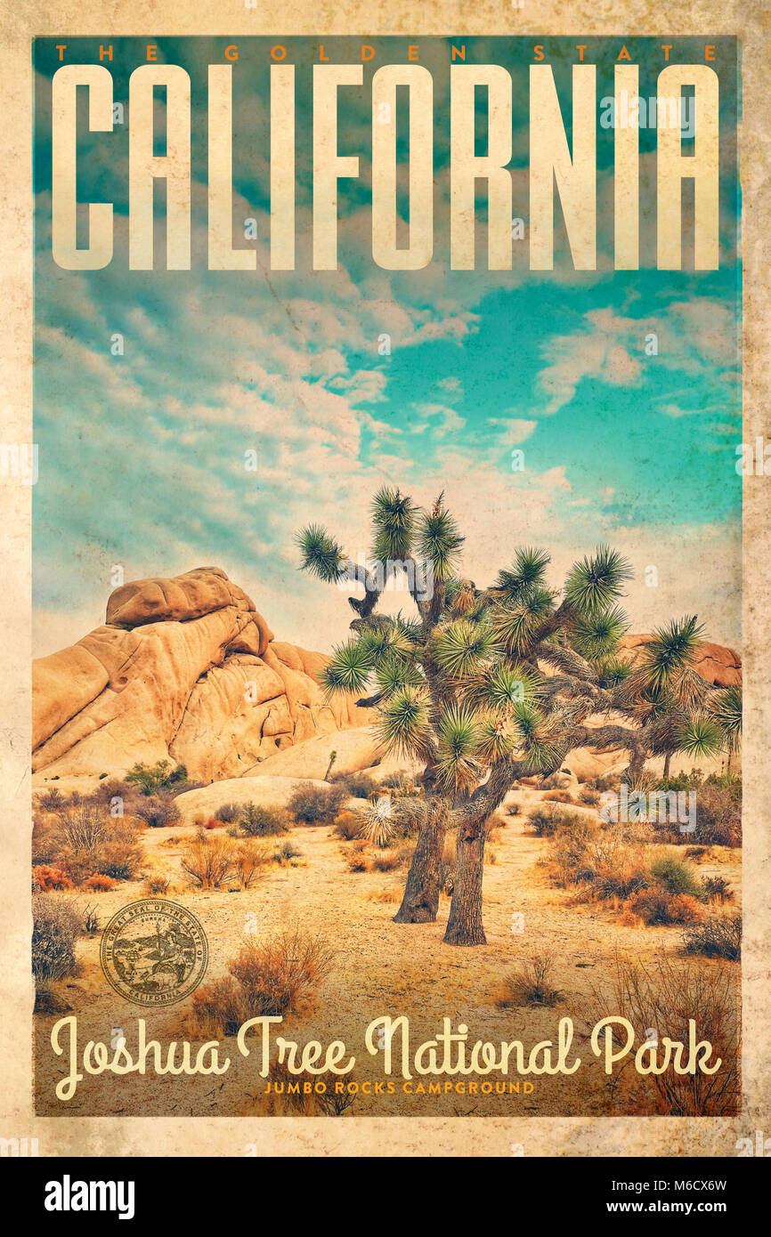 Vintage Travel Poster de Joshua Tree National Park en Californie, États-Unis d'Amérique Banque D'Images