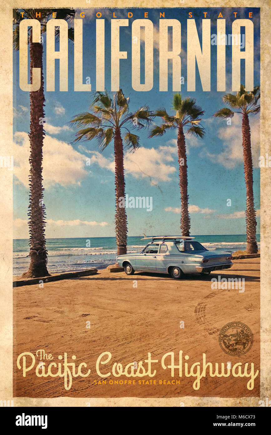 Vintage Voyage affiche ou annonce de la plage de San Onofre, sur la route 1 en Californie Banque D'Images