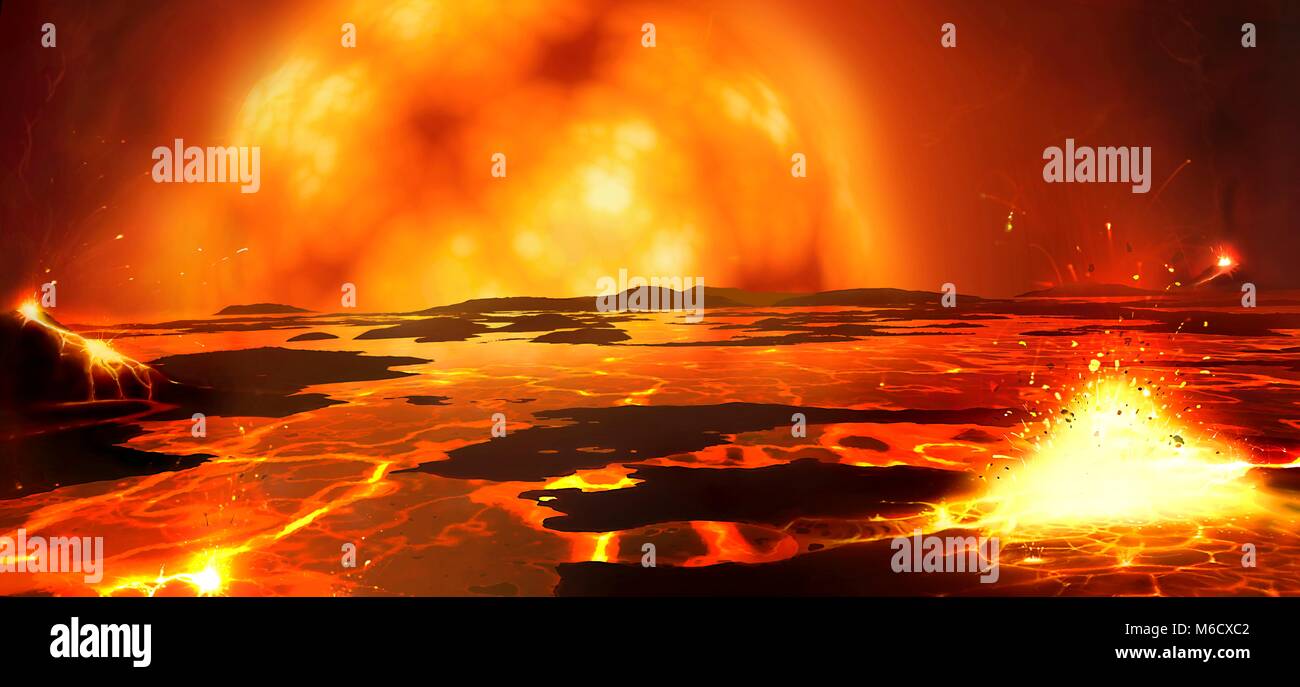 Le soleil comme une géante rouge. La terre commence à fondre comme le soleil de géante rouge gonfle et approches l'orbite de notre planète. Finalement la fonte peuvent pénétrer dans l'ensemble de la croûte terrestre, laissant la planète à partir de la surface en fusion à core. Le destin de la terre n'est pas clair. Il peut s'engloutir par le soleil, ou il peut passer à une orbite sûre que le soleil éclaire la messe à la fin de sa vie. Banque D'Images