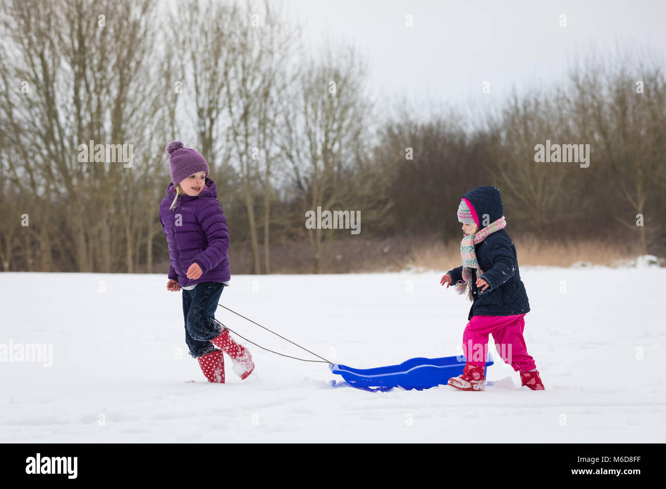 Pembrokeshire, Pays de Galles, 2 mars 2018. Les enfants s'amusant de la luge dans la neige à Pembroke, Pembrokeshire, Pays de Galles, Royaume-Uni Crédit : Drew Buckley/Alamy Live News Banque D'Images