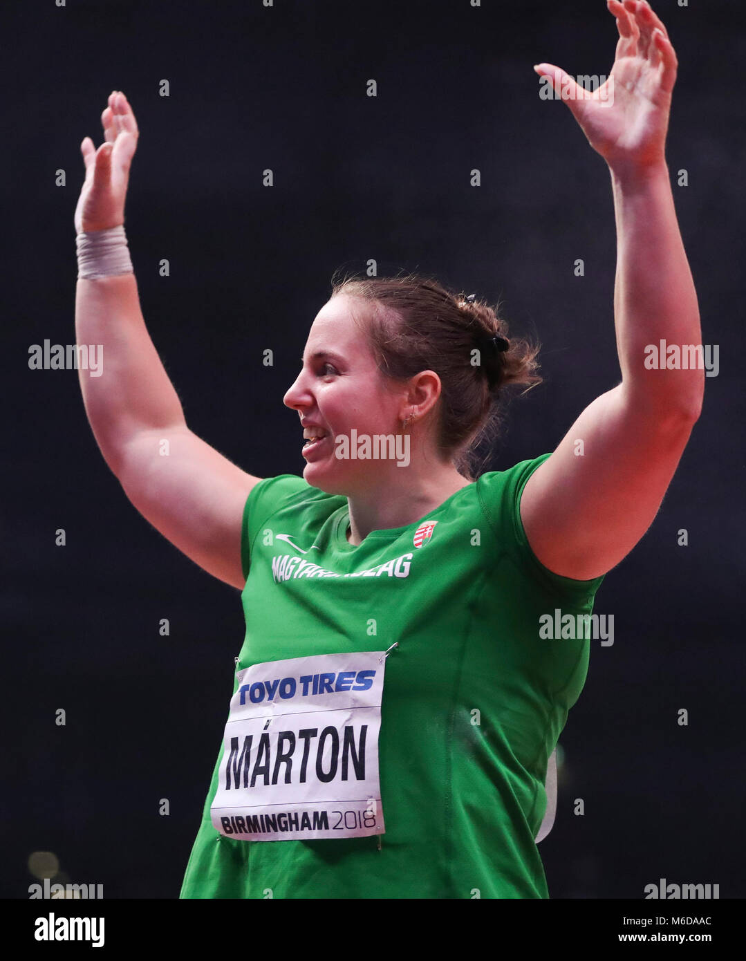 Birmingham. 2e Mar, 2018. Anita Marton hongroise célèbre après avoir remporté le lancer du poids de la femme au cours de la finale des Championnats du monde en salle de l'IAAF à Arena Birmingham à Birmingham, Grande-Bretagne le 2 mars 2018. Credit : Han Yan/Xinhua/Alamy Live News Banque D'Images