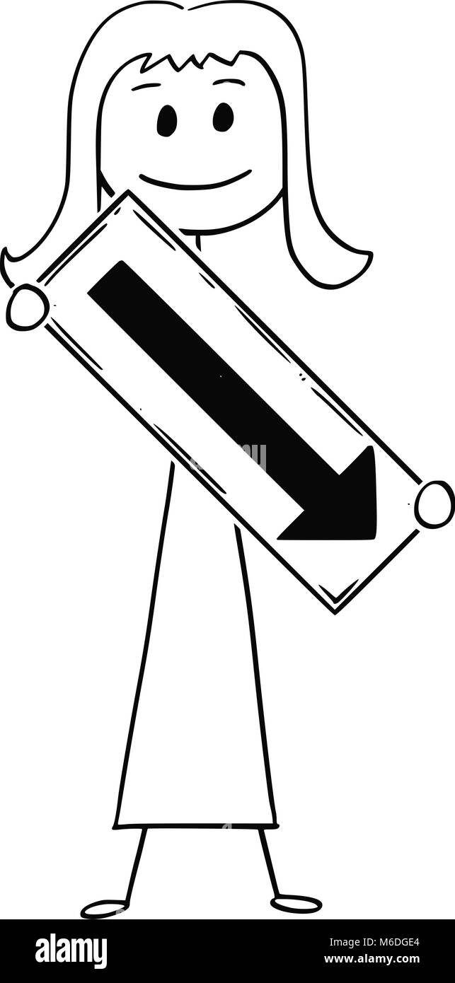 Caricature de Man ou Woman Holding Panneau de flèche orientée vers la droite et vers le bas Illustration de Vecteur