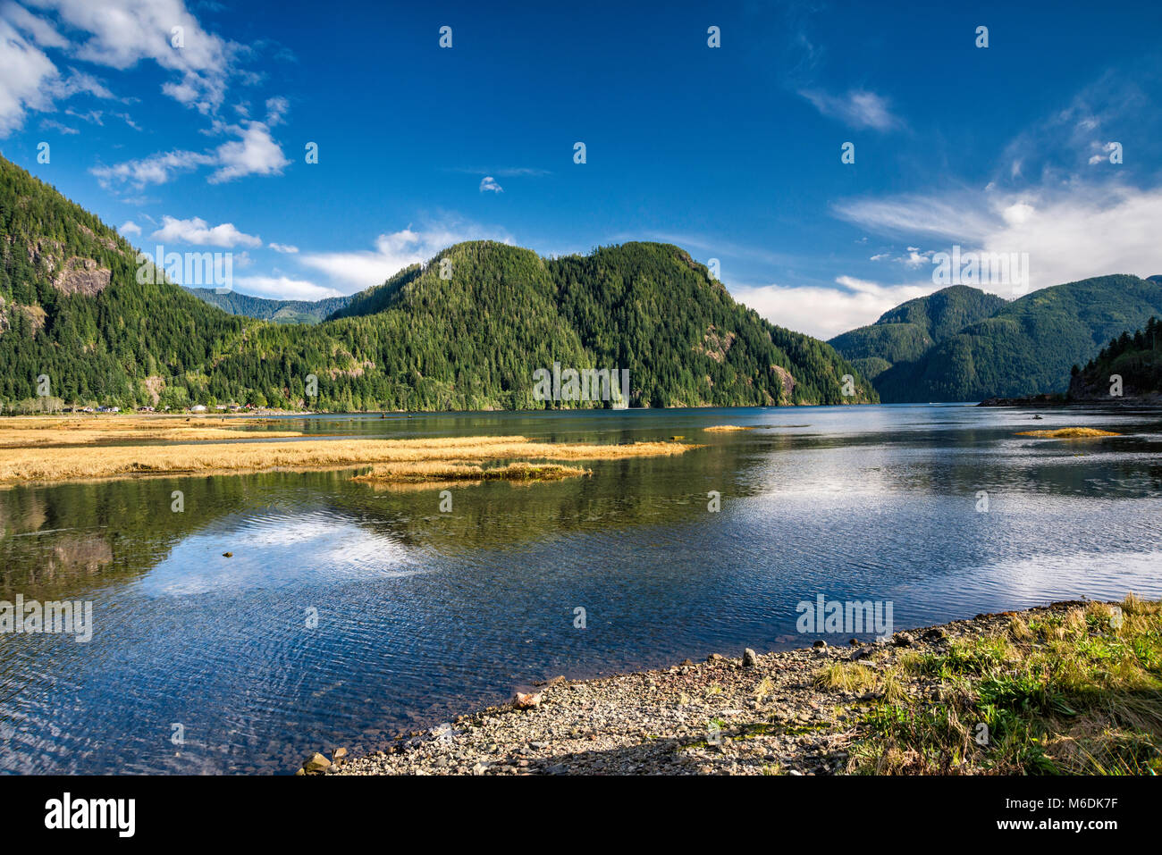 Montagnes sur l'estuaire de la rivière Zeballos et village de Zeballos, côte Pacifique, au nord de l'île de Vancouver, Colombie-Britannique, Canada Banque D'Images