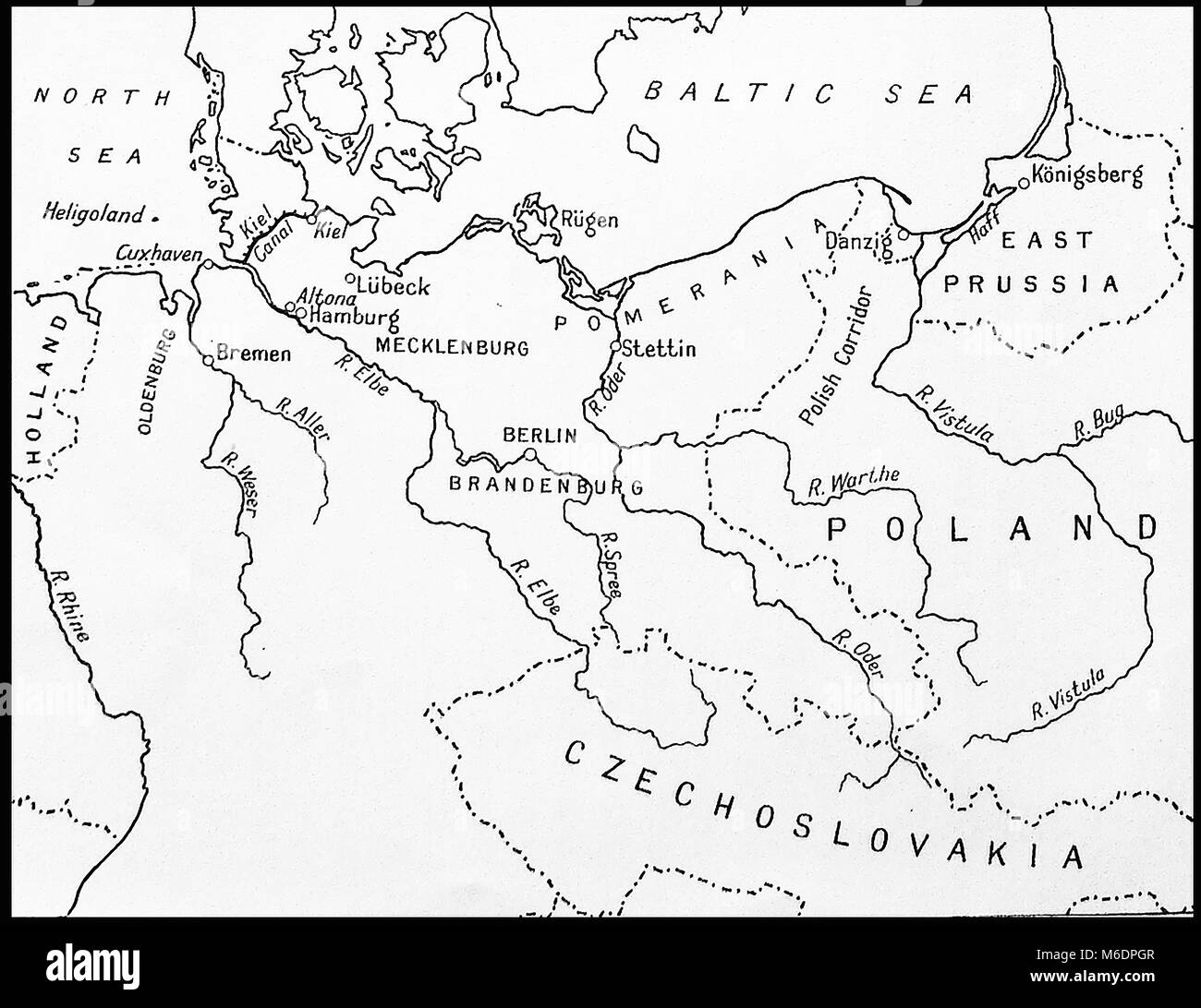 La Seconde Guerre mondiale avant la carte de l'Allemagne, pays voisins, des rivières et de leurs frontières en 1936 Banque D'Images