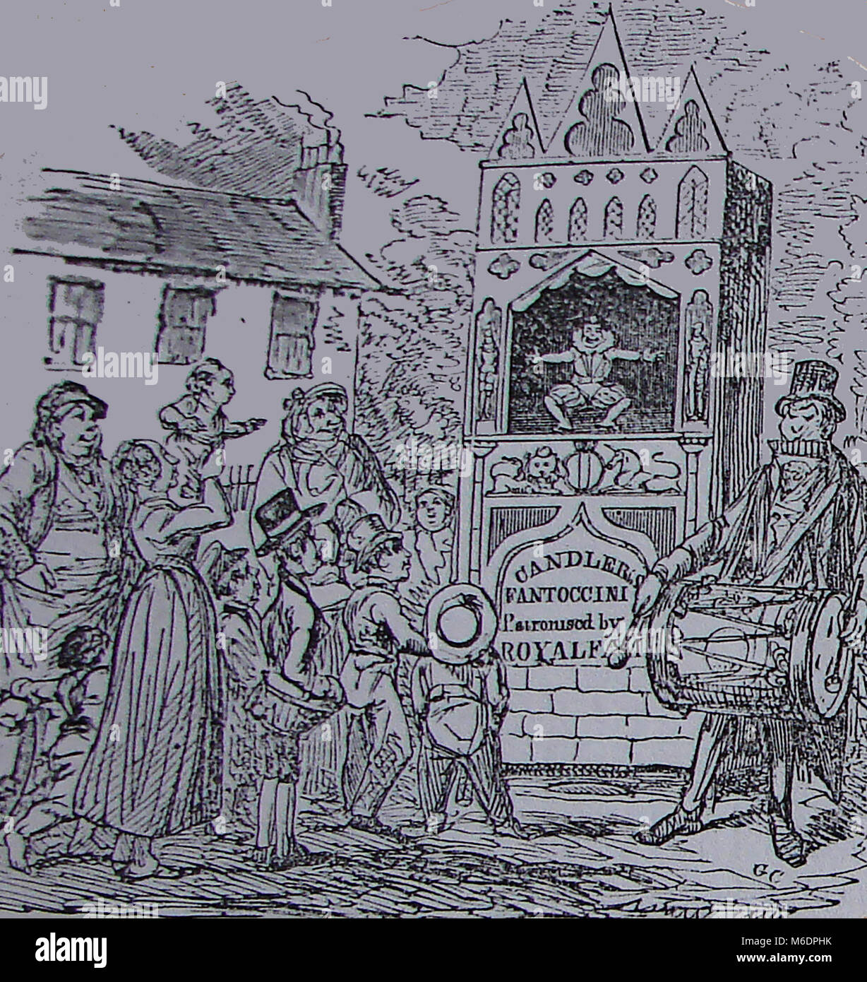Candler Fantoccini ou spectacle de marionnettes de rue (généralement à l'aide des marionnettes articulées exploités par des chaînes ou des tiges de dispositifs mécaniques) similaire à 'Punch & Judy' - Pentonville, Londres en 1825 Banque D'Images