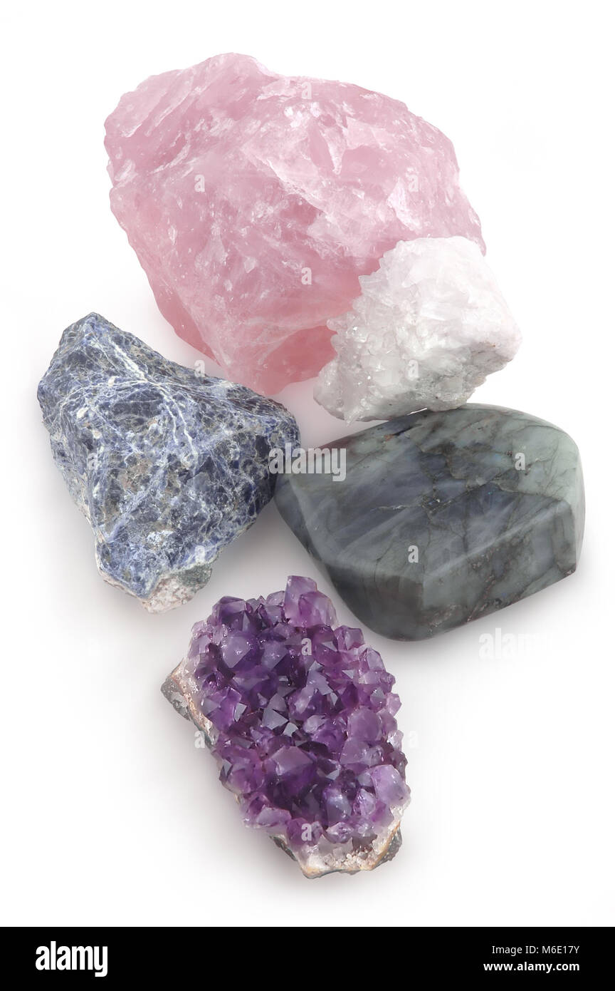 Quartz rose, quartz blanc, la sodalite, labradorite, аmethyst, Banque D'Images