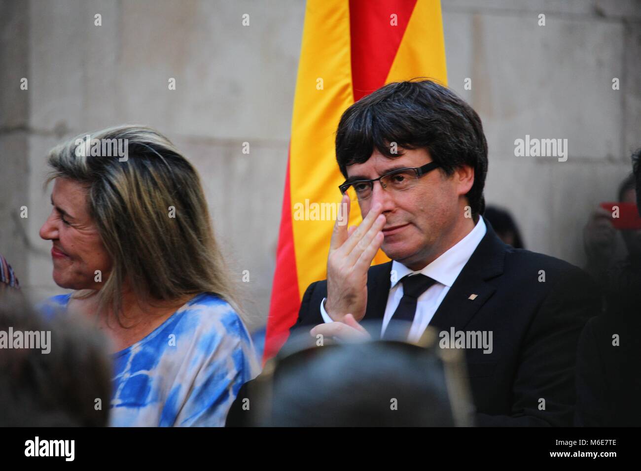 Barcelone, Espagne. 28 Sep, 2017. Président de la Catalogne Carles Puigdemont dans une de ses dernières apparitions publiques en Espagne Banque D'Images