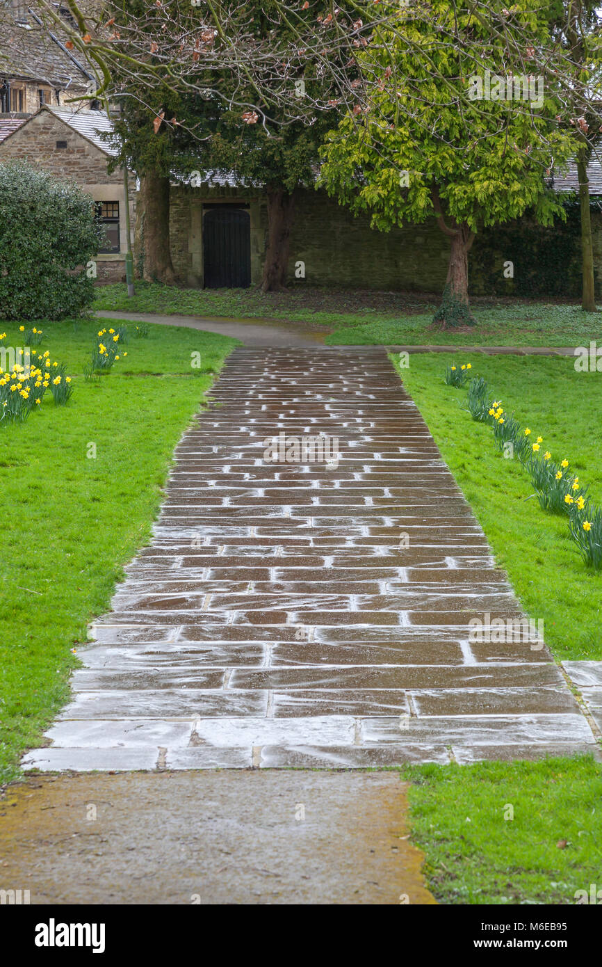 Un chemin en pierre de pluie fait son chemin, l'abbaye de Malmesbury passé faire un motif nice, et bordée de début du printemps, les jonquilles, Wiltshire, Royaume-Uni Banque D'Images