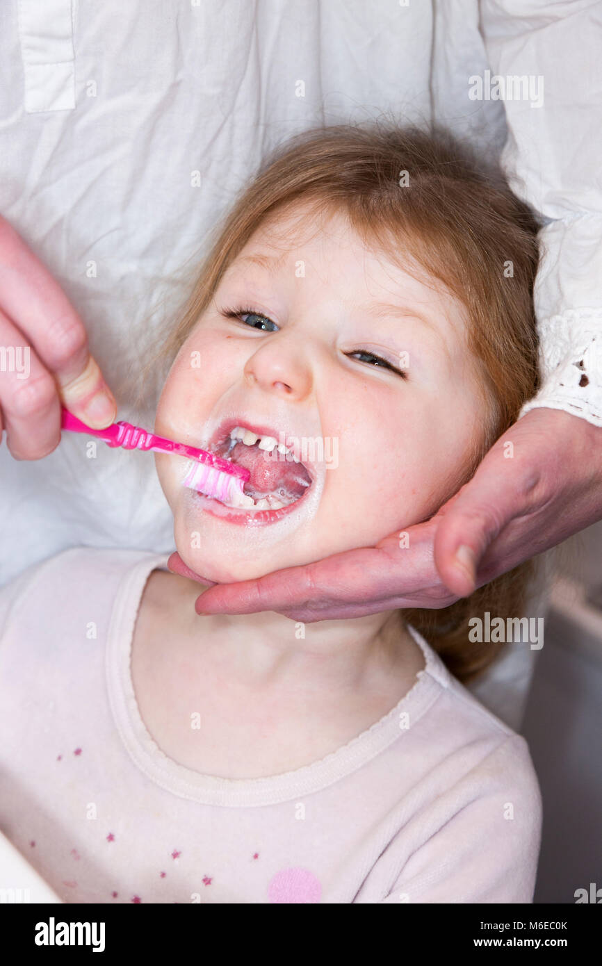 Enfant de trois ans / enfant de 3 ans l'avoir brossé les dents de lait avec une brosse à dents / brosse à dents - par sa mère / mère / maman. Banque D'Images