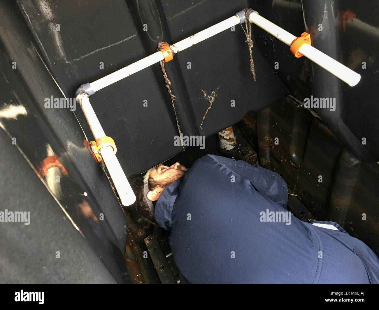 Un technicien de service de l'entretien de toilettes à compostage société ETS puissance de sortie des toilettes à l'East Finchley allotissements. Banque D'Images