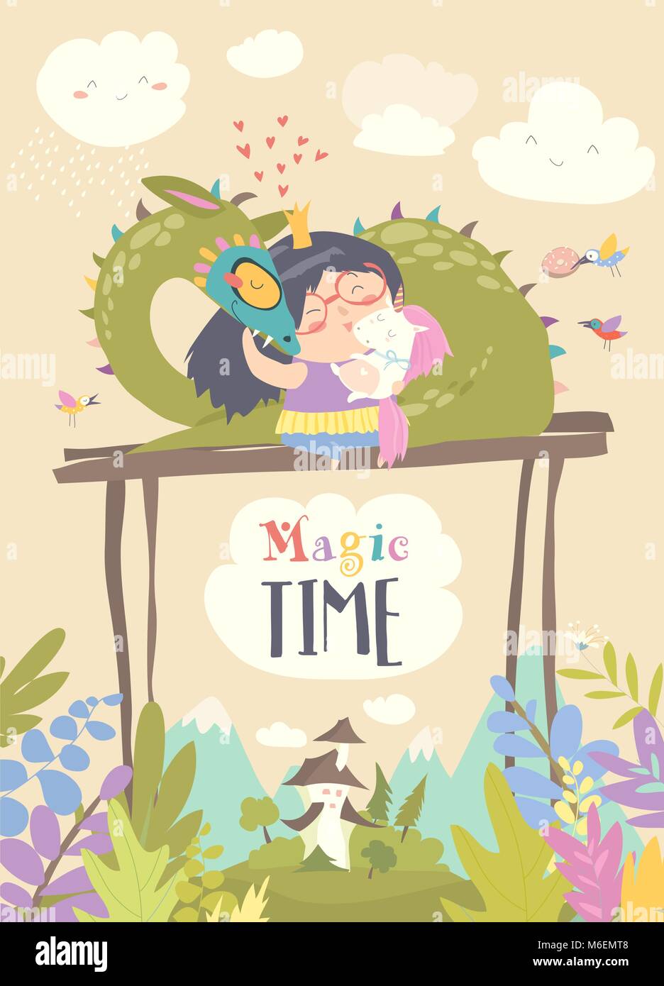 Cute cartoon dragon, licorne et petite princesse Illustration de Vecteur