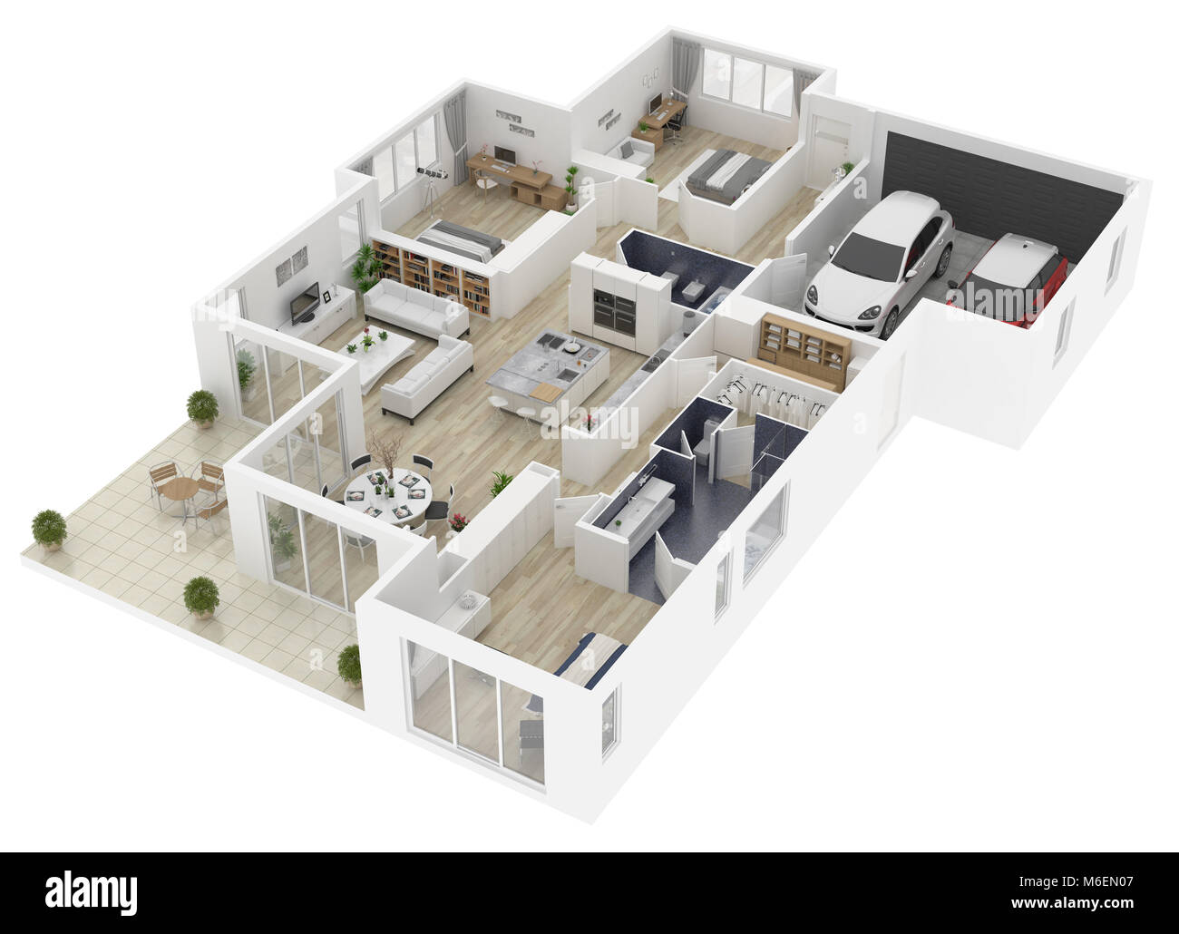 Plan d'étage d'une maison Vue de dessus 3D illustration. Concept ouvert living house layout Banque D'Images