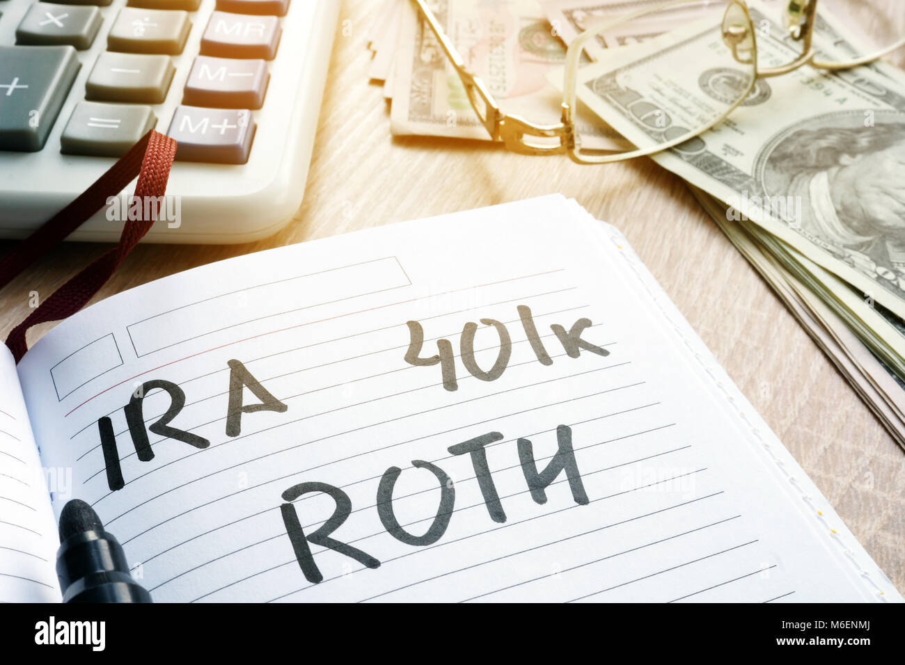 Mots IRA ROTH 401k dans une note manuscrite. Les plans de retraite. Banque D'Images