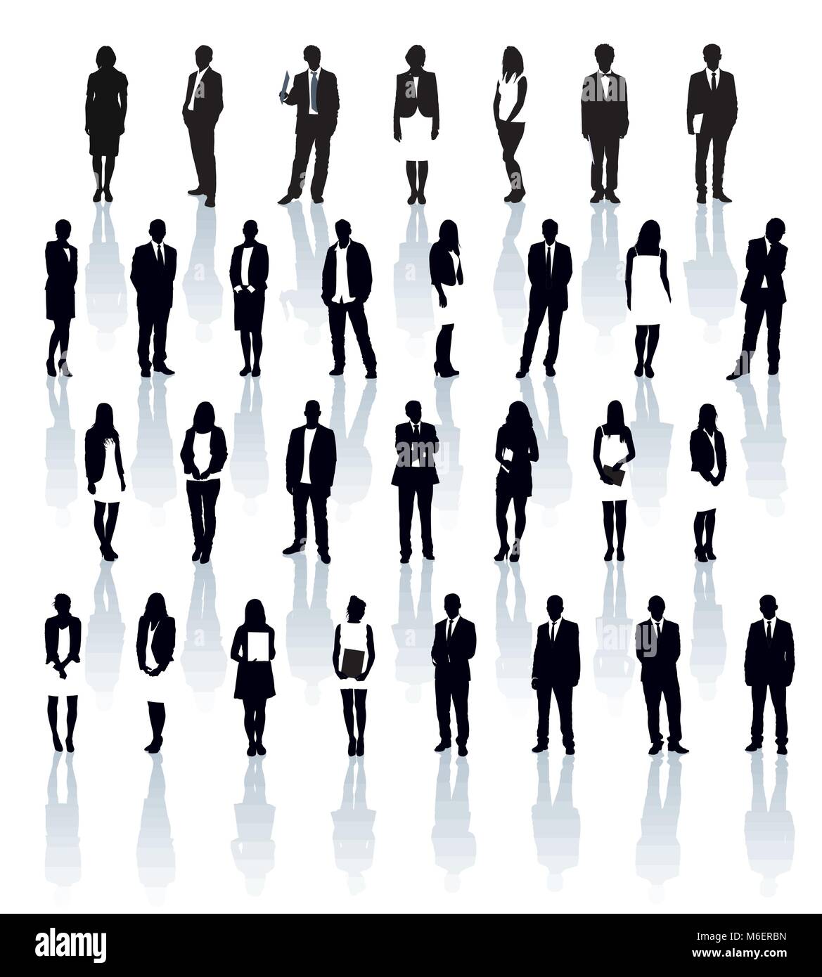 Grand ensemble de silhouettes en noir et blanc avec des ombres. Entrepreneurs : les hommes et les femmes. Illustration de Vecteur