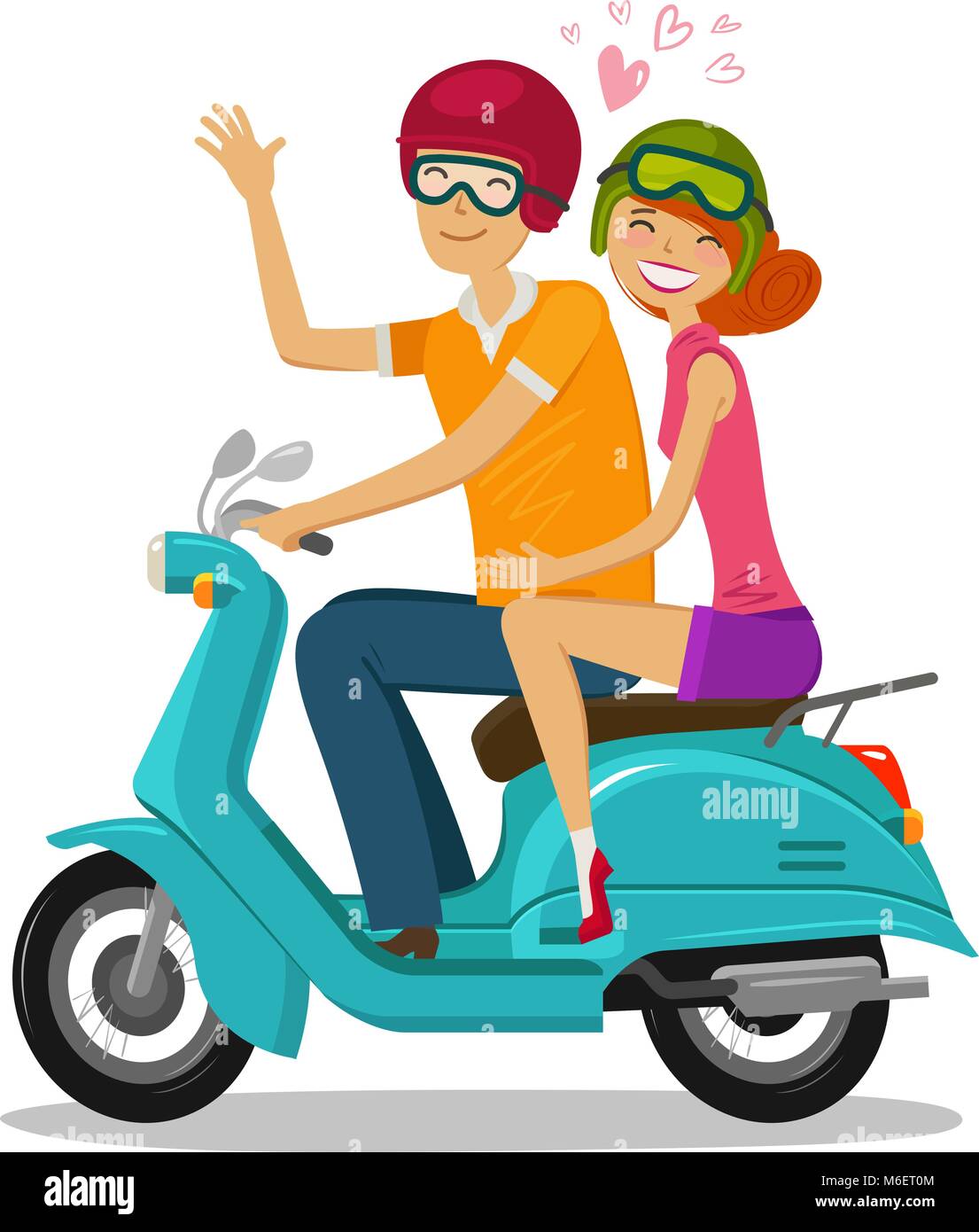 Loving couple riding scooter. Voyage, travel concept. Cartoon vector illustration Illustration de Vecteur