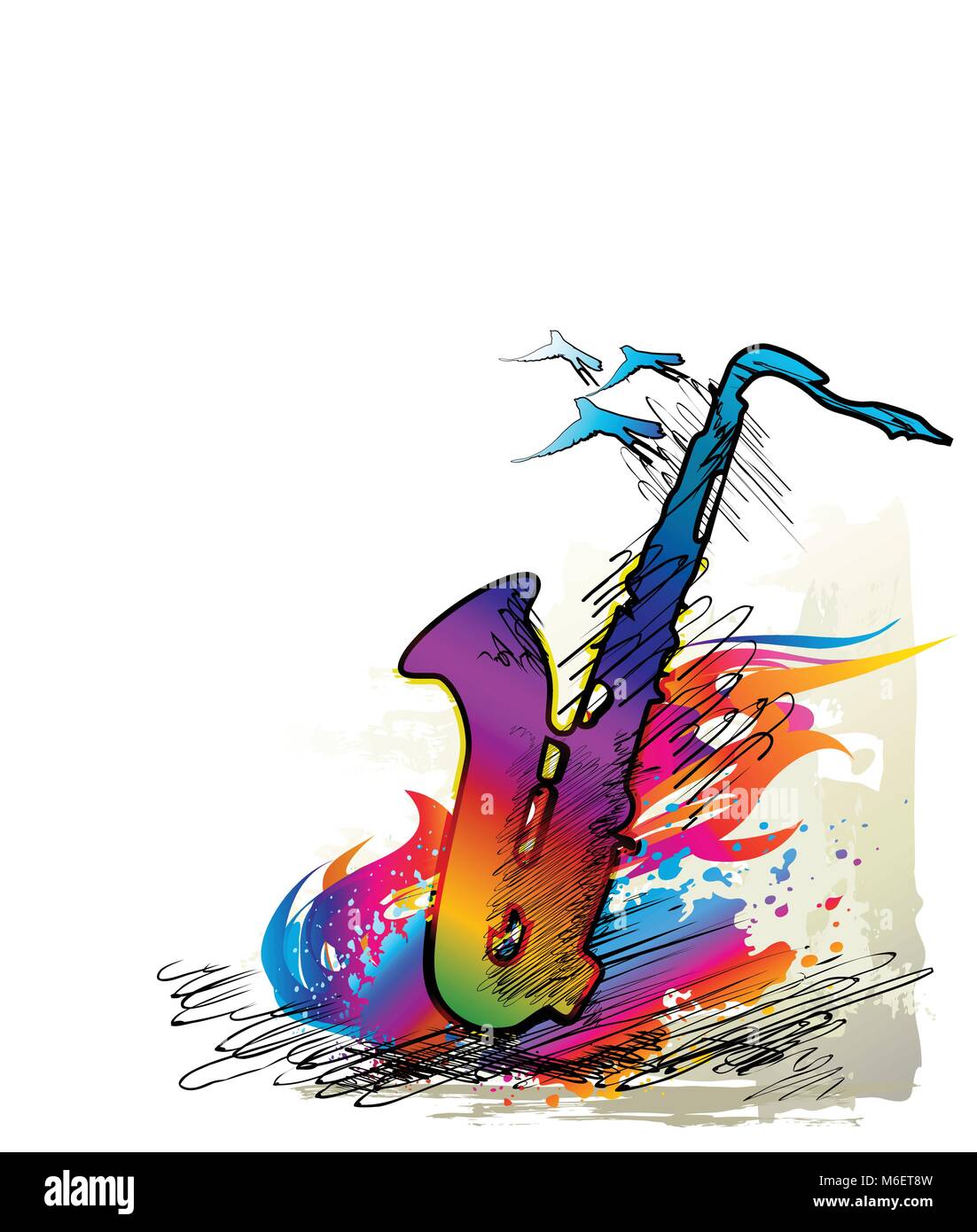 Festival de musique de fond avec le saxophone et voler les oiseaux. Illustration vecteur de couleur. Peinture numérique Illustration de Vecteur