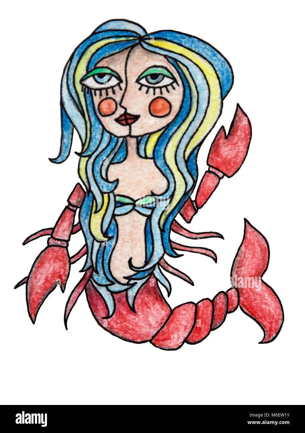 Aquarelle pensil illustration de signe de zodiaque. Fille du cancer avec des cheveux. Isolé sur fond blanc. Banque D'Images