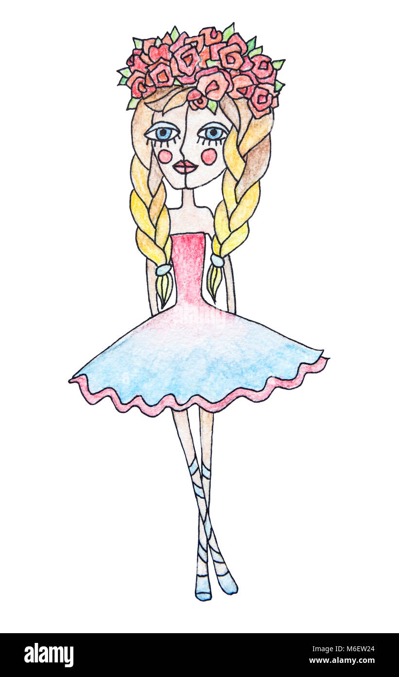 Aquarelle pensil illustration de signe de zodiaque. La Vierge Fille avec des cheveux colorés. Isolé sur fond blanc. Banque D'Images