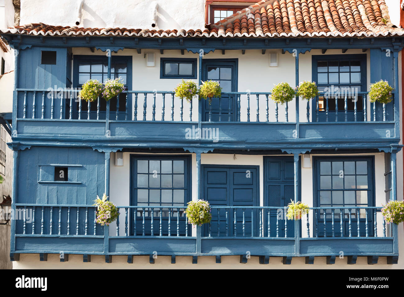 Les balcons de l'incliné bleu à Santa Cruz de La Palma. Banque D'Images