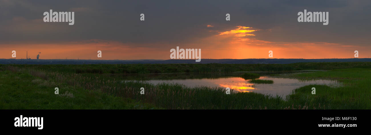Panorama au coucher du soleil avec un petit lac sur une colline artificielle, de l'Allemagne. Banque D'Images