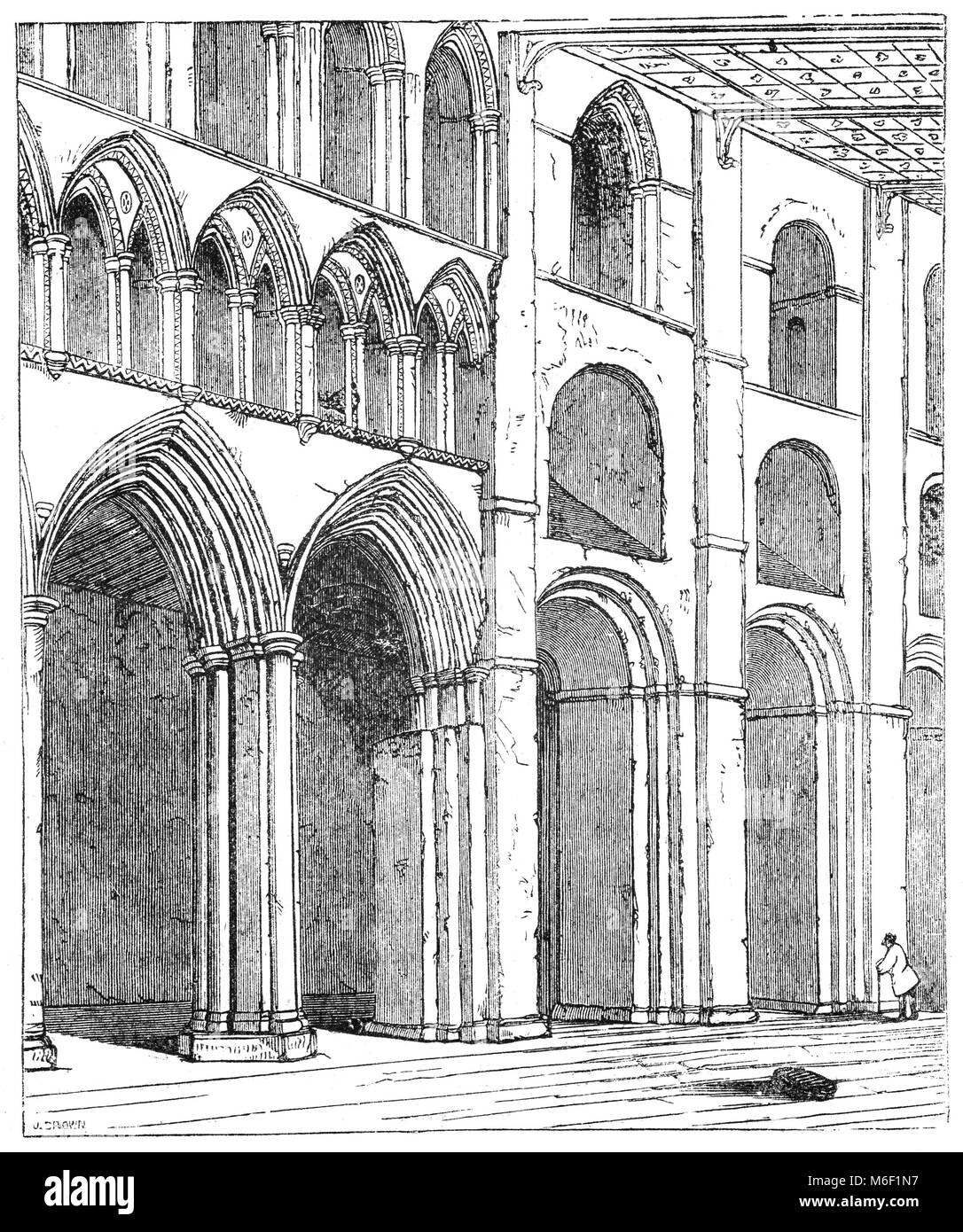 La nef de la cathédrale de St Albans, officiellement la cathédrale et l'église abbatiale de St Alban, et désigné localement sous le nom de 'l'Abbaye', a probablement été fondée au 8ème siècle, le bâtiment actuel est l'architecture romane normande du 11e siècle, avec des groupes et des ajouts du 19ème siècle. Il a cessé d'être une abbaye au 16e siècle et est devenue une cathédrale en 1877. St Alban's, Hertfordshire, Angleterre. Banque D'Images