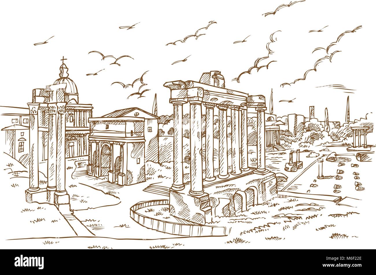 Vestiges de temples de Foro Romano, Rome, Italie part attirer Illustration de Vecteur