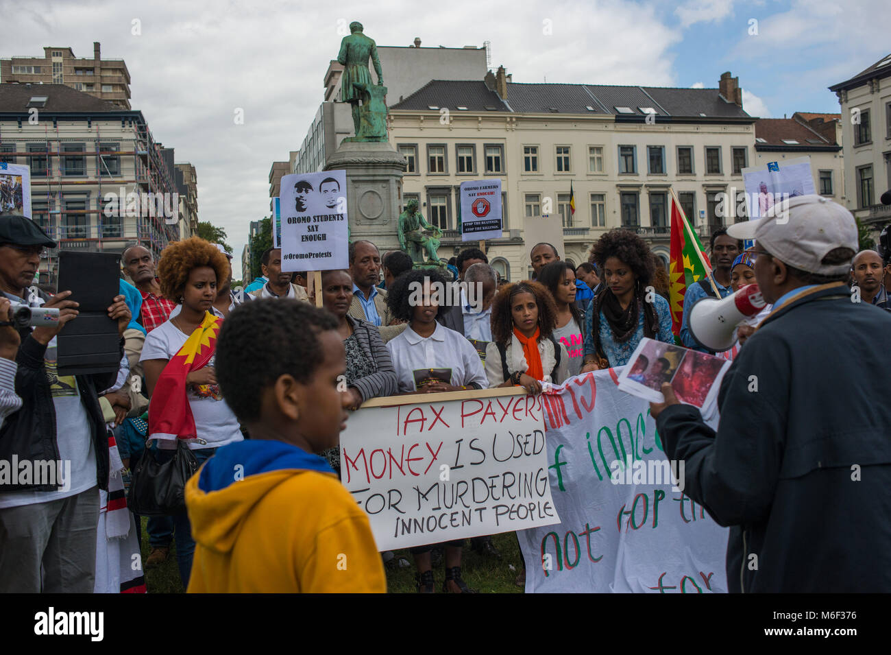 Bruxelles, la délégation éthiopienne protester contre l'accaparement de terres, Parlement européen. La Belgique. Banque D'Images