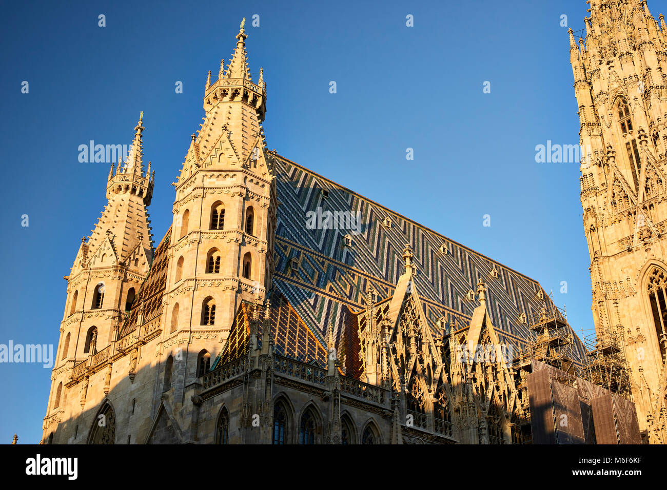Toit orné de la cathédrale St Staphan, Vienne, contre un ciel bleu à la fin de l'été soleil d'après-midi Banque D'Images