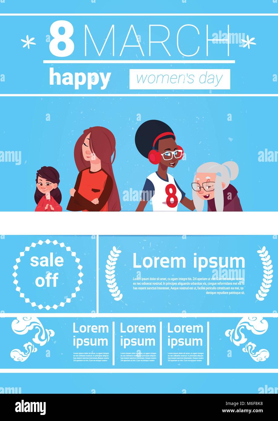 8 mars Infographie Modèle de page d'éléments pour la Journée internationale des femmes avec des dames sur arrière-plan avec copie Espace Illustration de Vecteur