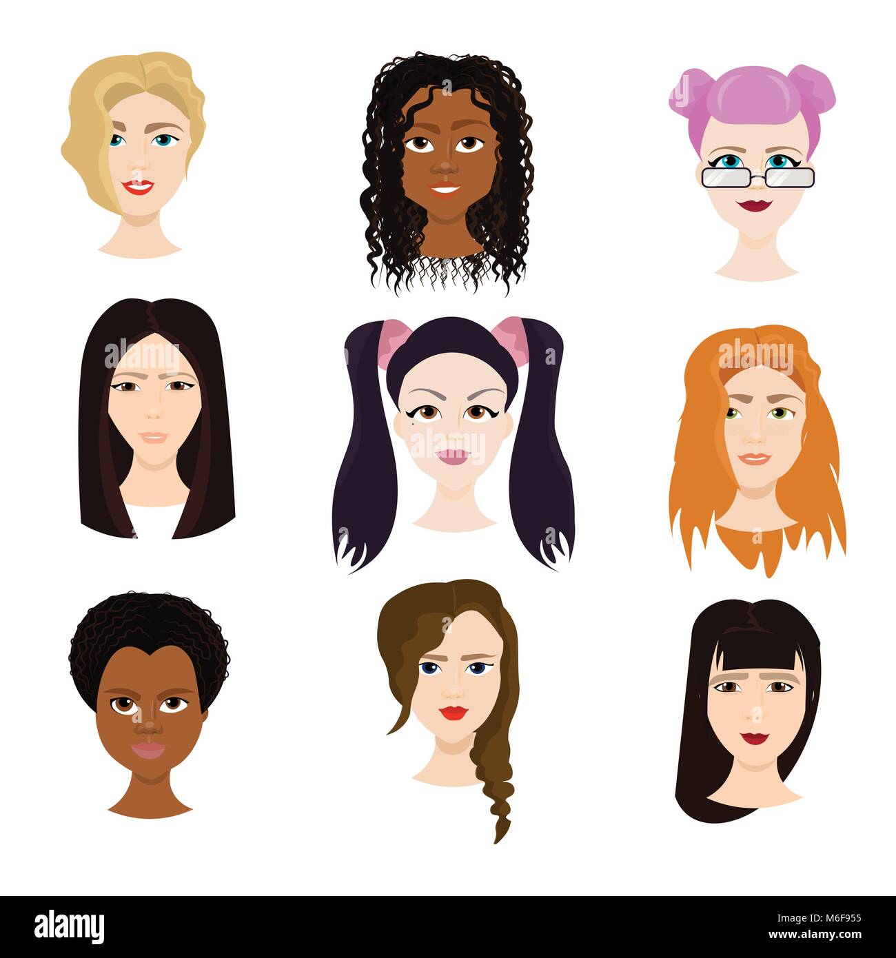 Série de visages féminins isolé sur fond blanc, les diverses femmes avec différentes coupes de portraits Illustration de Vecteur