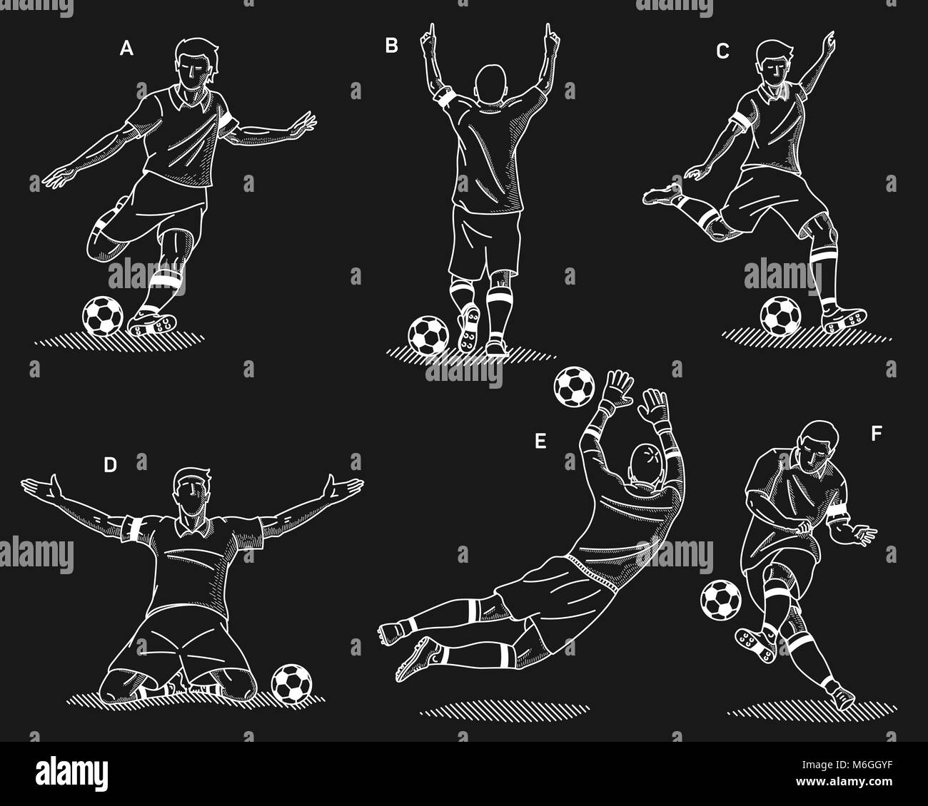 C'est un blanc sur fond noir illustration vecteur ensemble de joueurs de football isolées dans différentes positions d'athlétisme Illustration de Vecteur