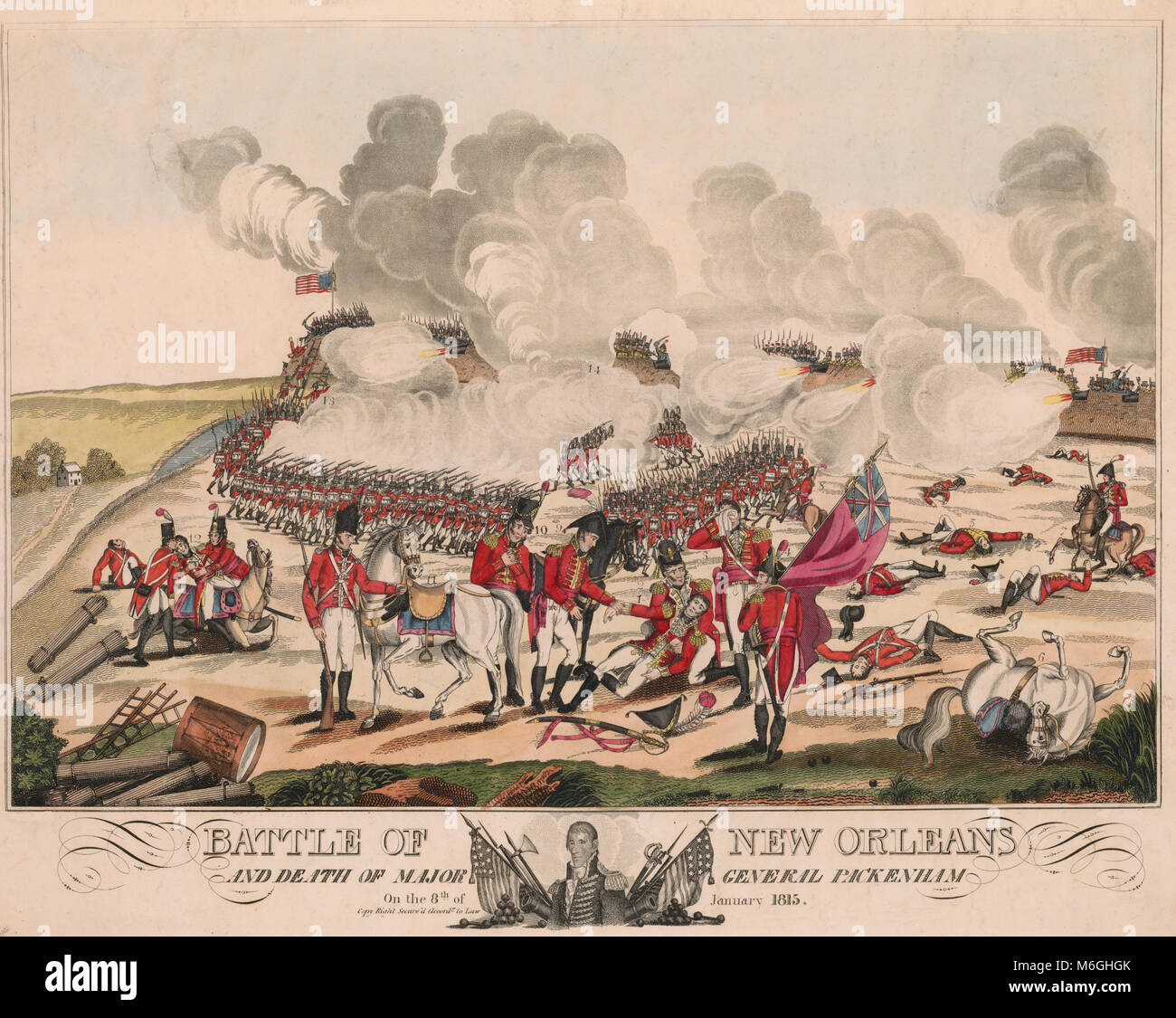 Bataille de La Nouvelle-Orléans et la mort du général Pakenham le 8 janvier 1815 - Bataille de la Nouvelle-Orléans de la perspective britannique, que les forces britanniques à l'avance sur les remblais des barricades ou à partir de laquelle les forces américaines, sous le commandement d'Andrew Jackson, repousser l'attaque. Inclut une remarque figurant en bas du centre qui montre une tête-et-épaules portrait d'Andrew Jackson, en face légèrement à gauche, avec des drapeaux américains et diverses armes. Des personnalités sont identifiés par un numéro dans l'impression, cependant, il n'y a pas de touche correspondante. Dans cette estampe, le général Lambert (no. 3) Banque D'Images