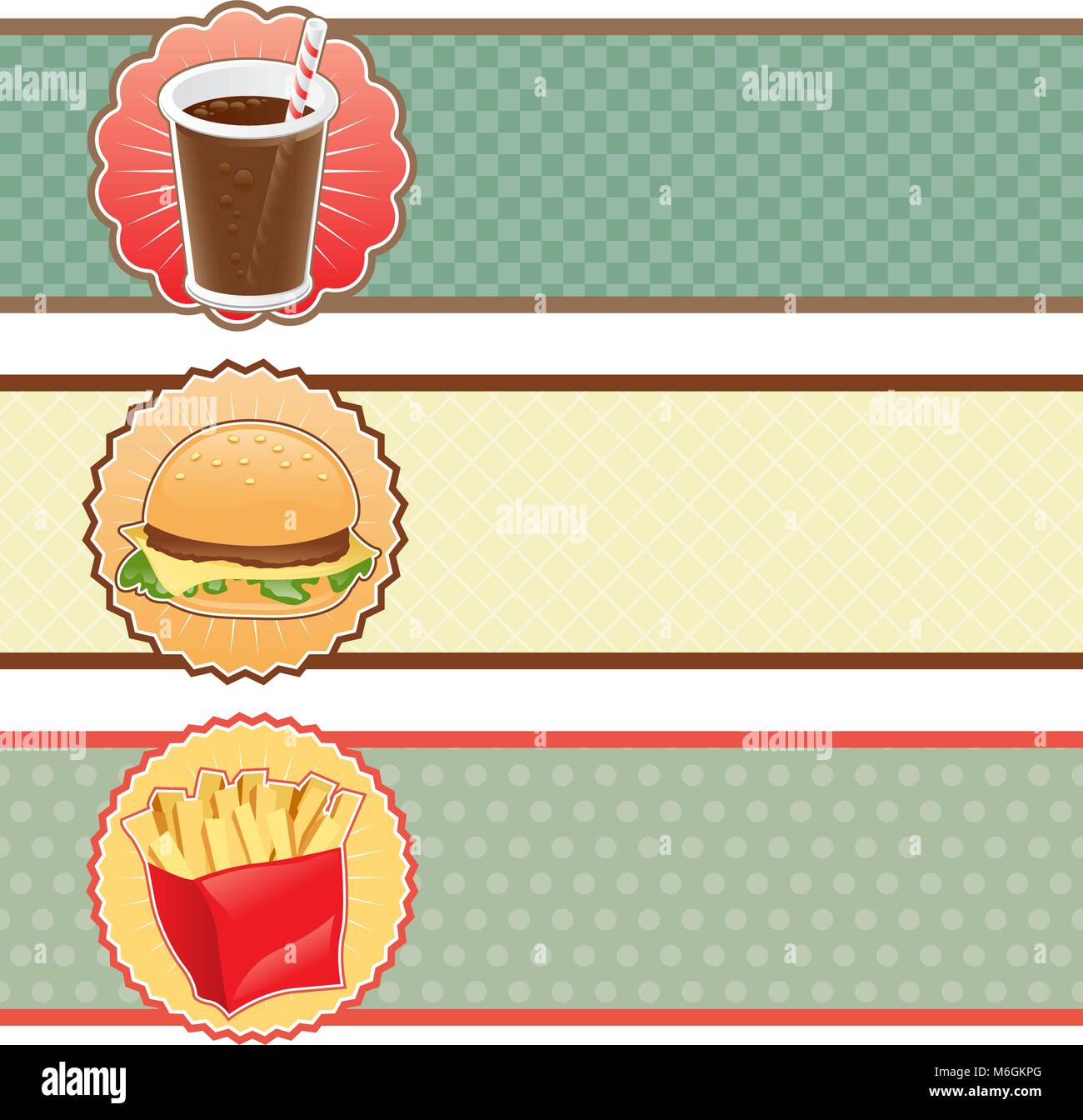 Bannières fast food avec cola, hamburger et frites Illustration de Vecteur