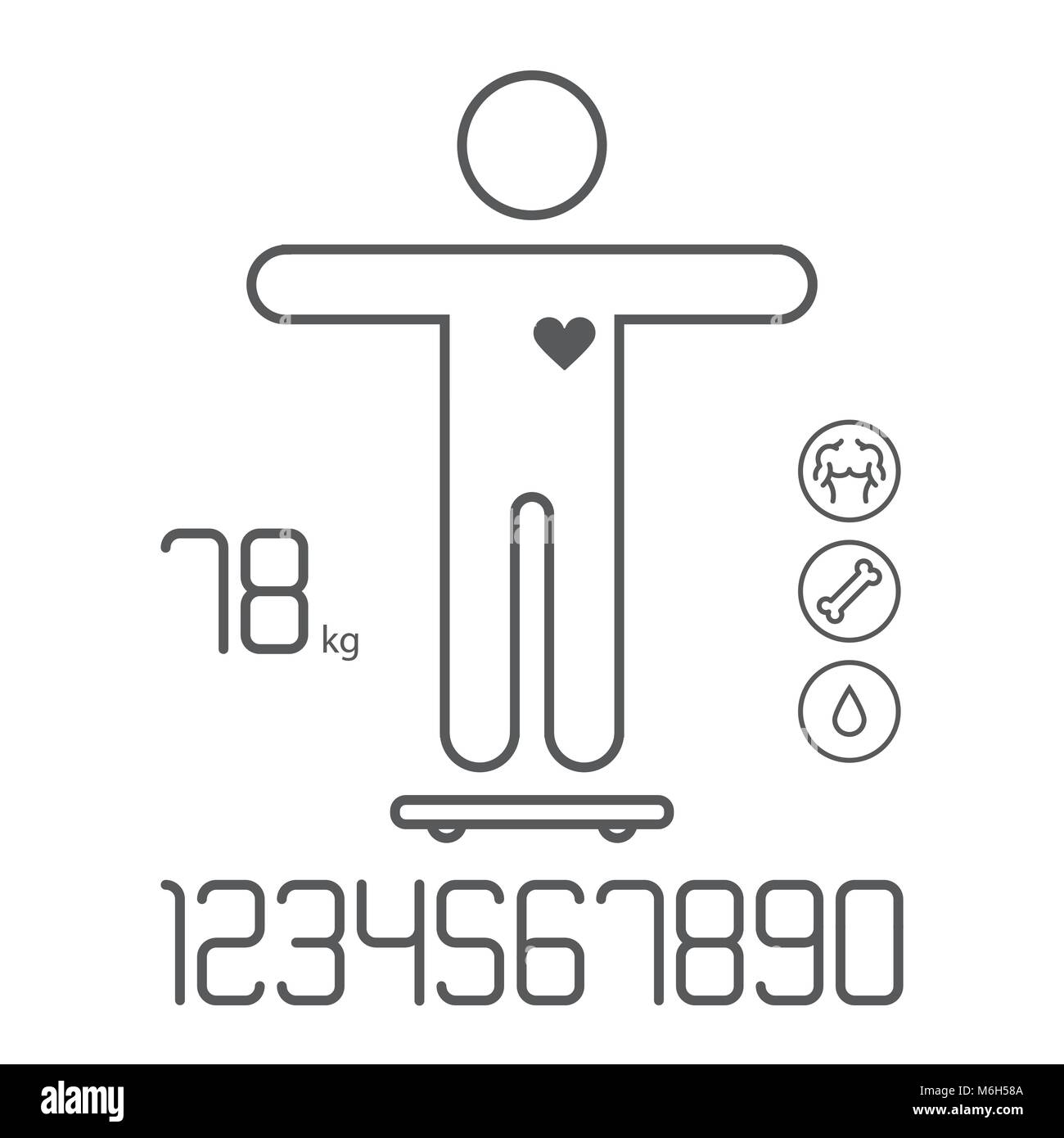 Le poids de la balance intelligente de l'eau numéros icônes os gras. Vector illustration. Illustration de Vecteur