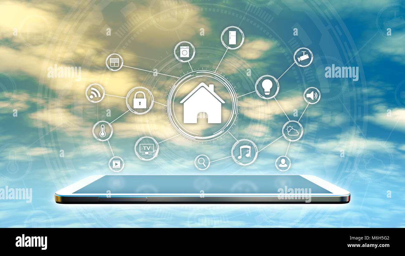 Interface smart home futuriste avec un réseau d'icônes avec un tablet pc, Ciel et nuages sur l'arrière-plan (rendu 3d) Banque D'Images