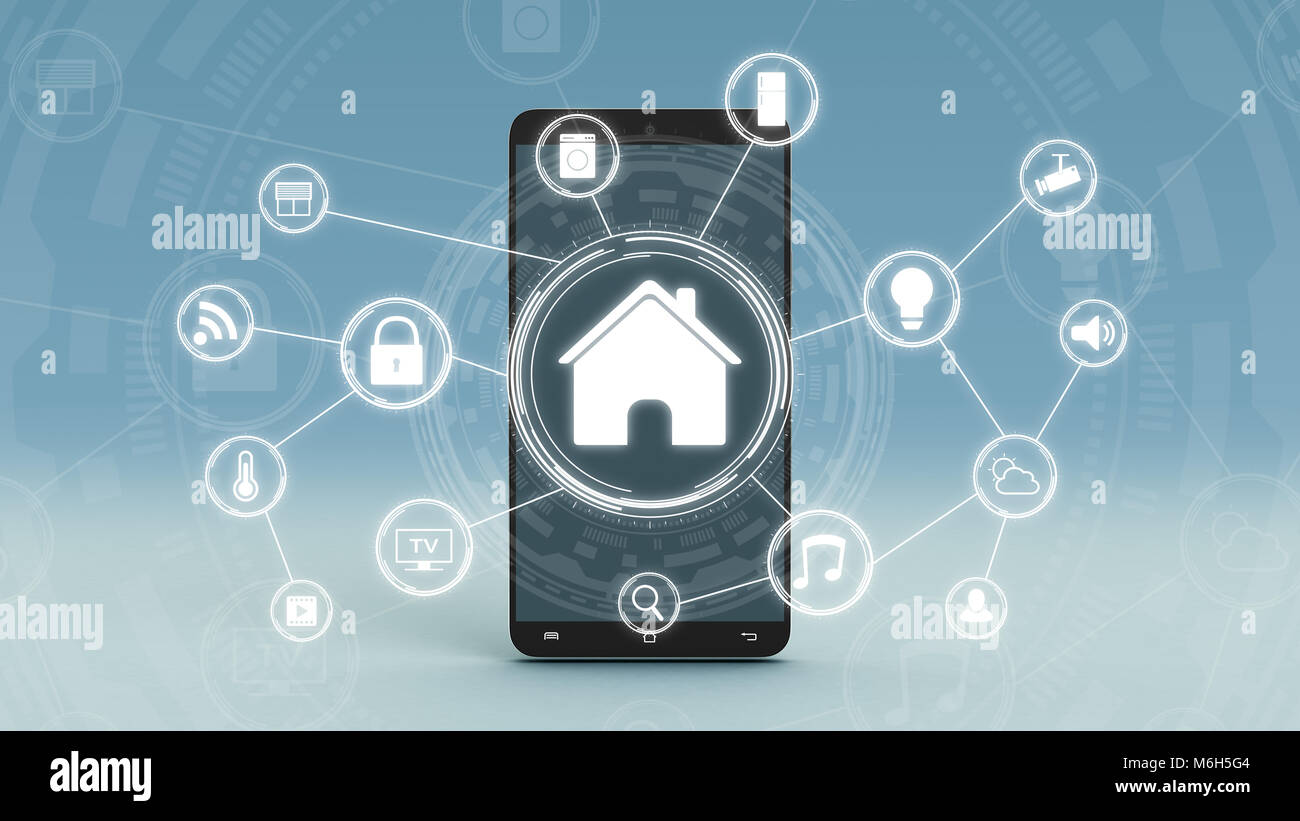 Interface smart home futuriste avec un réseau d'icônes, d'un smartphone sur arrière-plan (rendu 3d) Banque D'Images