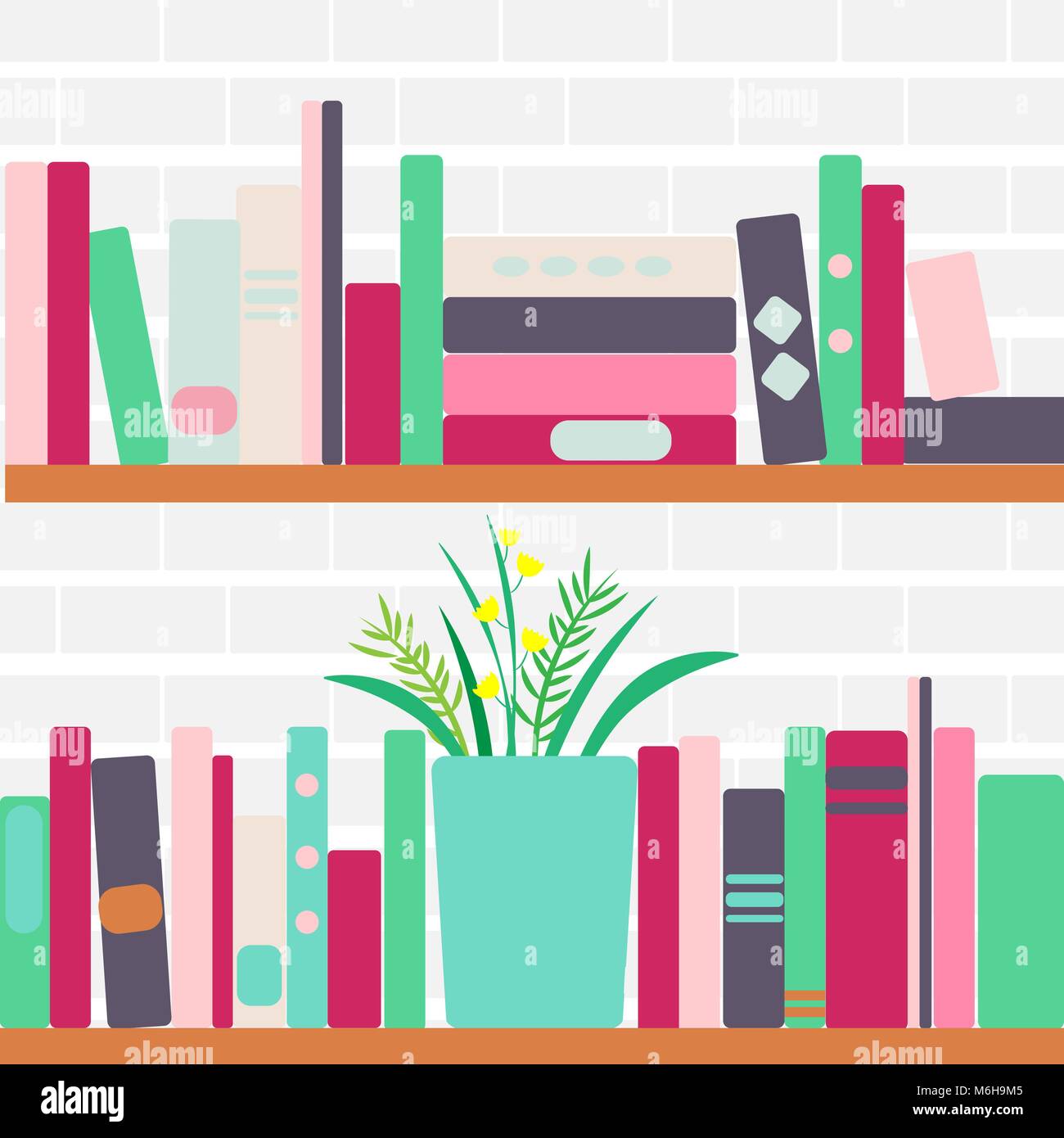 Vector illustration d'étagères avec des livres et des fleurs style rétro Illustration de Vecteur