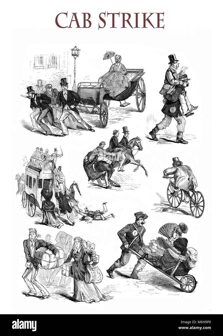 Grève de la cabine, pas de chevaux, les situations drôles et caricatures, XIX siècle illustration Banque D'Images