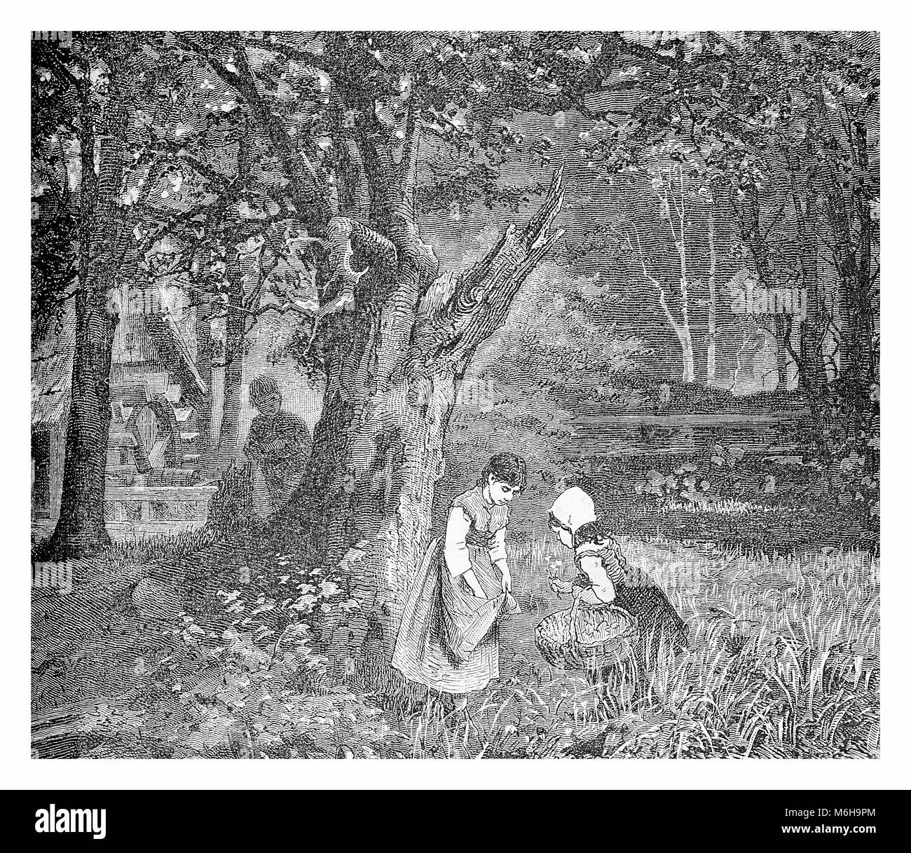 Paysage rural, le bois avec de vieux moulin en bois, pour la cueillette des fleurs et un enfant timide, espionnage gravure vintage Banque D'Images Paysage rural, le bois avec de vieux moulin en bois, pour la cueillette des fleurs et un enfant timide, espionnage gravure vintage Banque D'Images