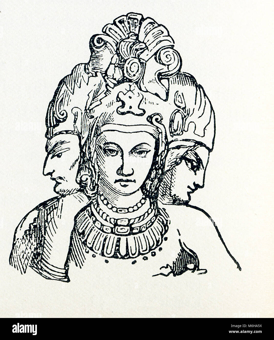 Cette illustration date d'environ 1898 et montre la Trimurti. Dans l'hindouisme, la Trimurti représentent la divinité suprême. Cette triade de divinités est habituellement comme suit : Brahma est le créateur, Vishnu est le protecteur, et Shiva est le destructeur. Banque D'Images