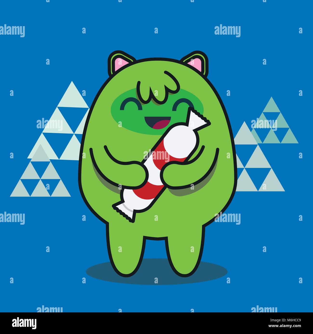 Hand drawn vector illustration of a cute funny cartoon yeti monster, tenant un candy Illustration de Vecteur