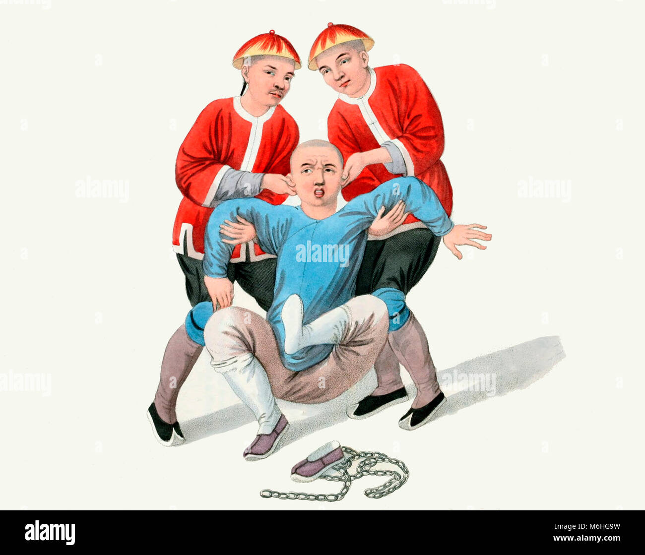 Tordre les oreilles d'un homme - qu'il est maintenue fermement par deux hommes, au service d'un tribunal, qui sont chargés de donner la douleur, par une méthode particulière de tordre les cartilages des oreilles. Une punition chinois, vers 1800 Banque D'Images