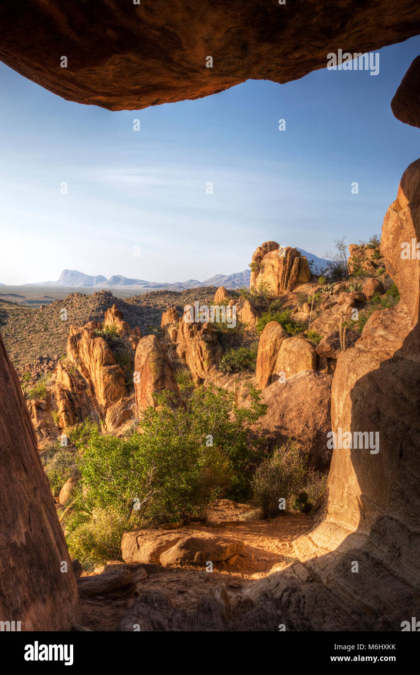 Matin vue sous la roche d'équilibrage (restes d'un laccolith), la vigne Hills, Big Bend National Park, Texas, USA. Banque D'Images