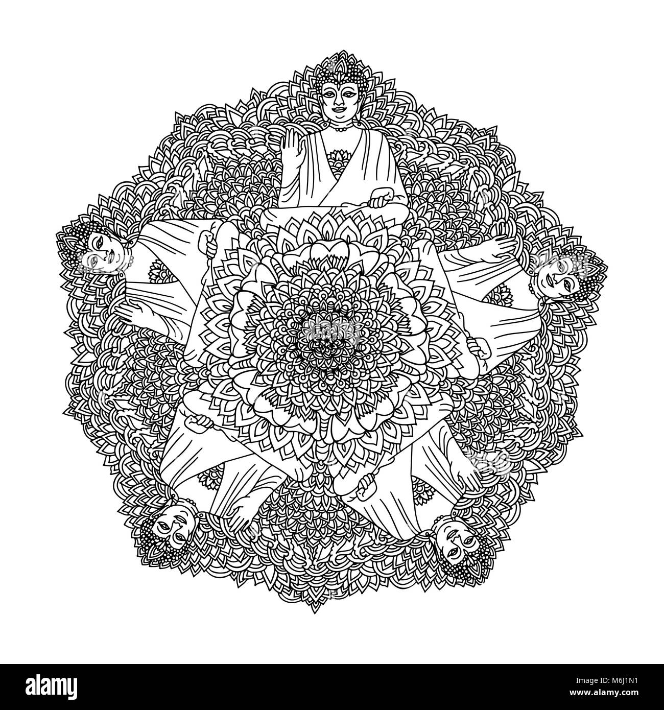 Mandala abstrait l'ornement. Modèle asiatique. Authentique d'arrière-plan noir et blanc avec Bouddha. Vector illustration. Illustration de Vecteur
